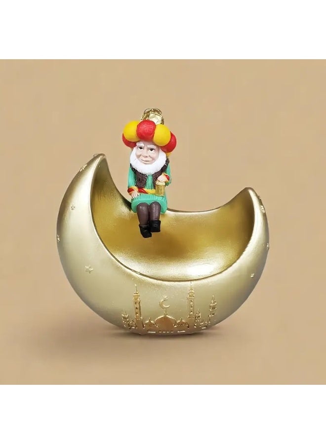 Home Care 1 Traditional Middle Eastern Character on Moon Resin Decorative Figurine - Eid Festival Celebration Statue with Golden Crescent Moon Base, Perfect for Home & Office Decor, Moon Decor 14X14 cm - Image 1